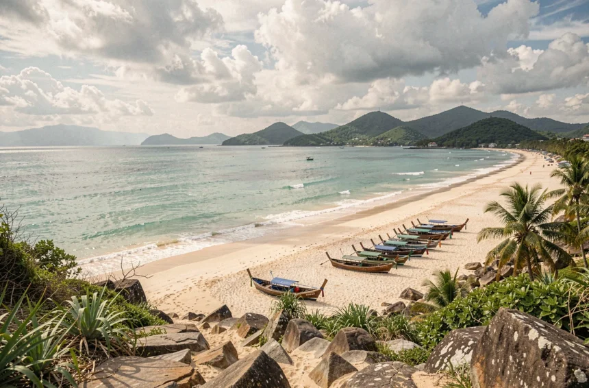 Vue panoramique de la plage de Patong à Phuket en Thaïlande avec des bateaux longtail sur le sable et des collines verdoyantes en arrière-plan