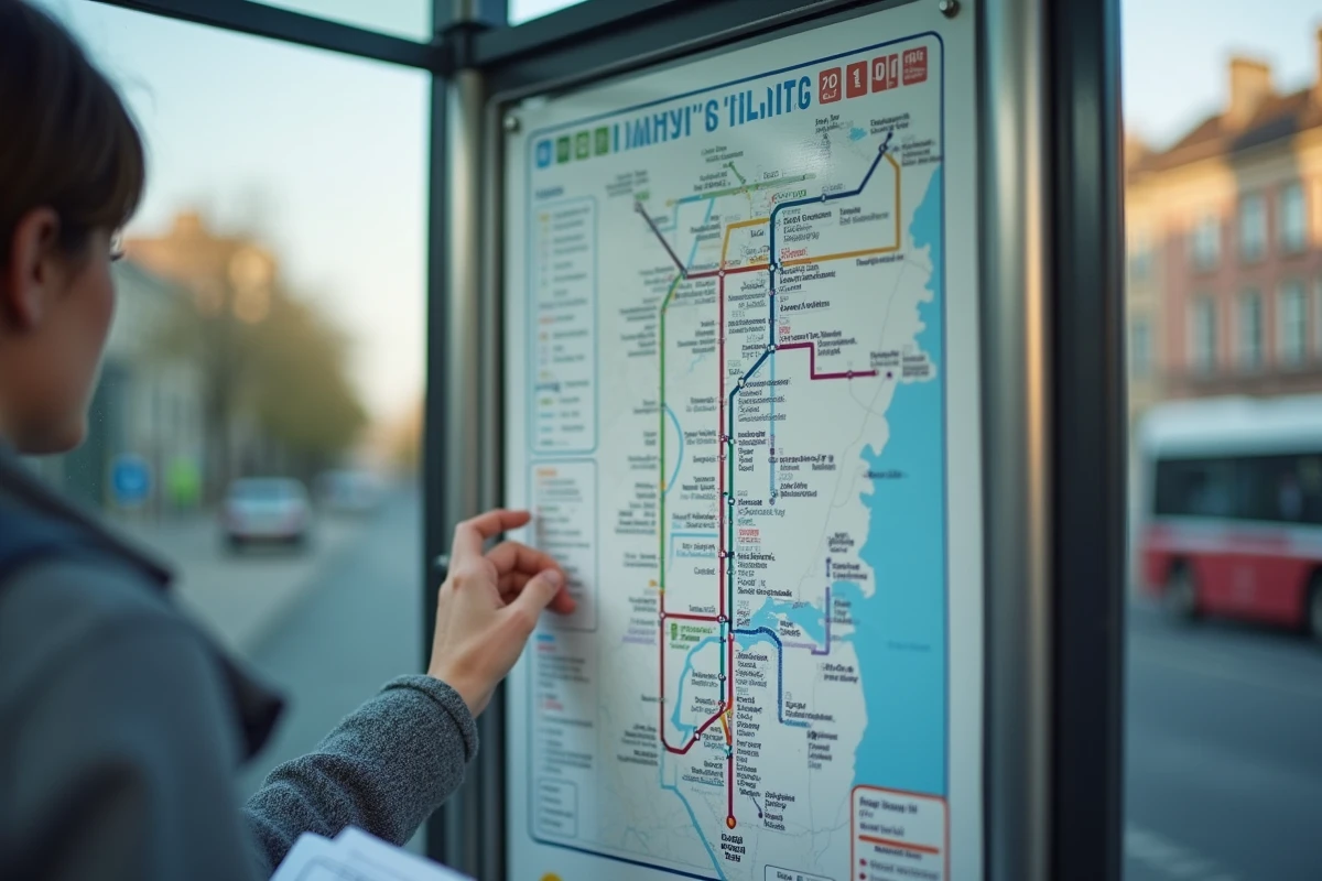 Plan de ligne du bus 92 affiché dans un abribus, passager consultant les arrêts et le tracé de la ligne