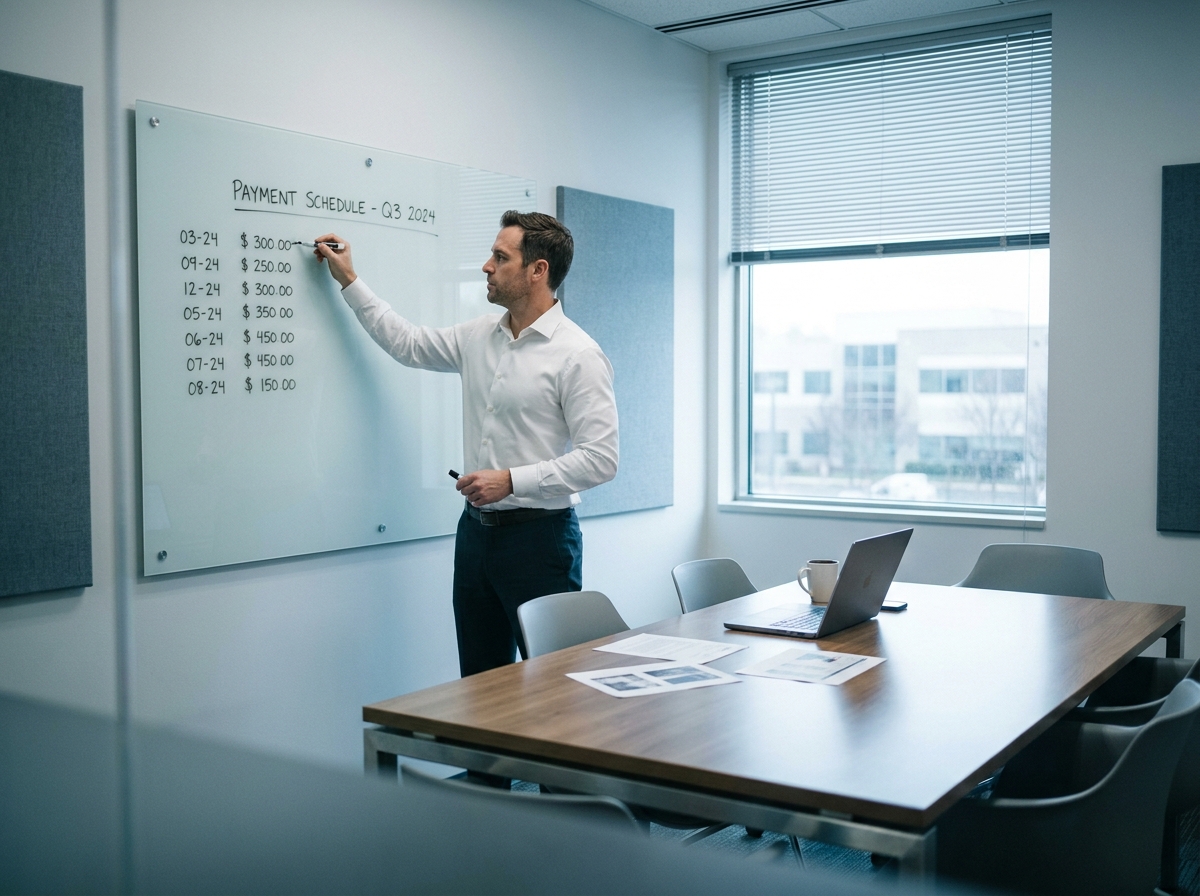 Homme d'affaires planifiant un calendrier de paiement fournisseur sur un tableau blanc en salle de réunion