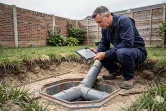 Plombier inspectant une séparation de canalisations eaux usées et eaux pluviales dans un jardin résidentiel