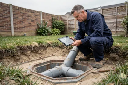 Plombier inspectant une séparation de canalisations eaux usées et eaux pluviales dans un jardin résidentiel