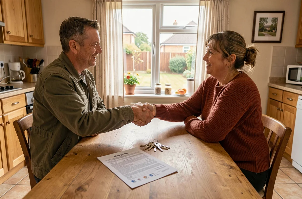 Vendeur et acheteur immobilier se serrant la main lors d'une transaction résidentielle, avec un formulaire de divulgation d'information précontractuelle et des clés posés sur la table