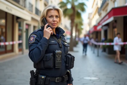 Officier de police féminine parlant dans un poste radio devant le Palais des Festivals à Cannes