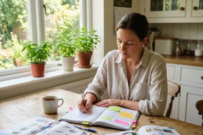 Mère préparant l'agenda scolaire 2026-2027 à la table de cuisine pendant l'été avec un planificateur ouvert et des notes colorées