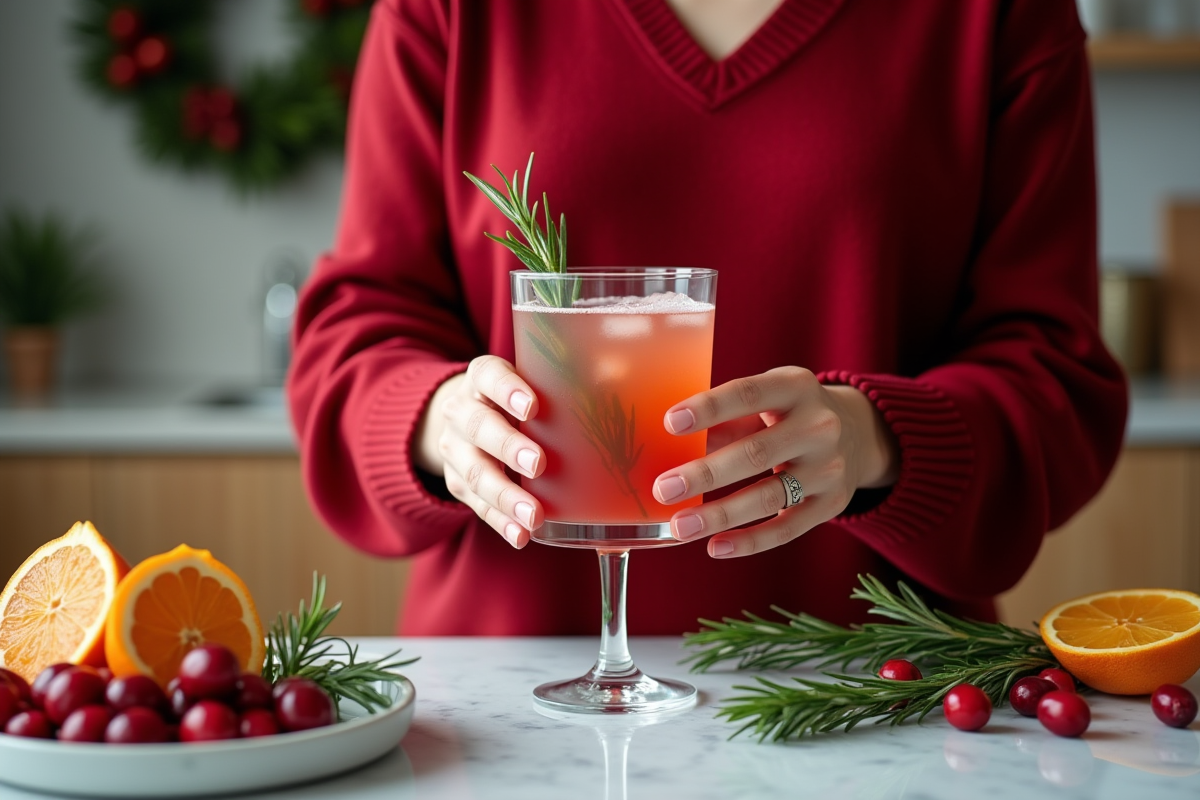 Femme préparant un cocktail de Noël avec garnitures festives