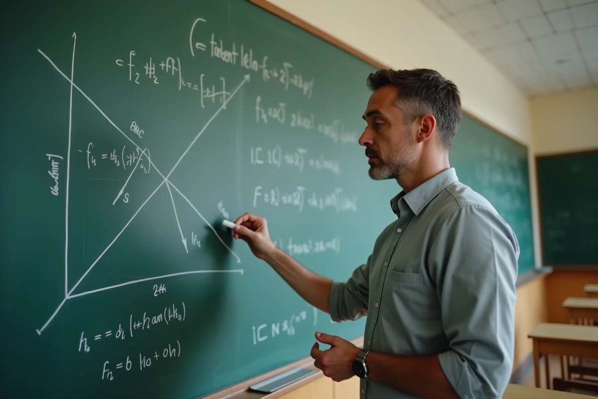 Professeur de mathématiques expliquant la méthode de calcul d'une équation réduite de la tangente au tableau noir dans une salle de classe