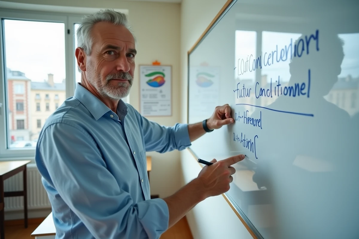 Professeur de français expliquant la différence entre le futur simple et le conditionnel présent sur un tableau blanc en classe