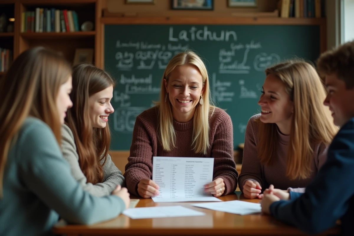 Professeure de musique avec élèves dans une salle chaleureuse