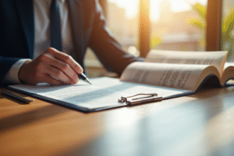 Professionnel examinant des documents juridiques sur un bureau lumineux