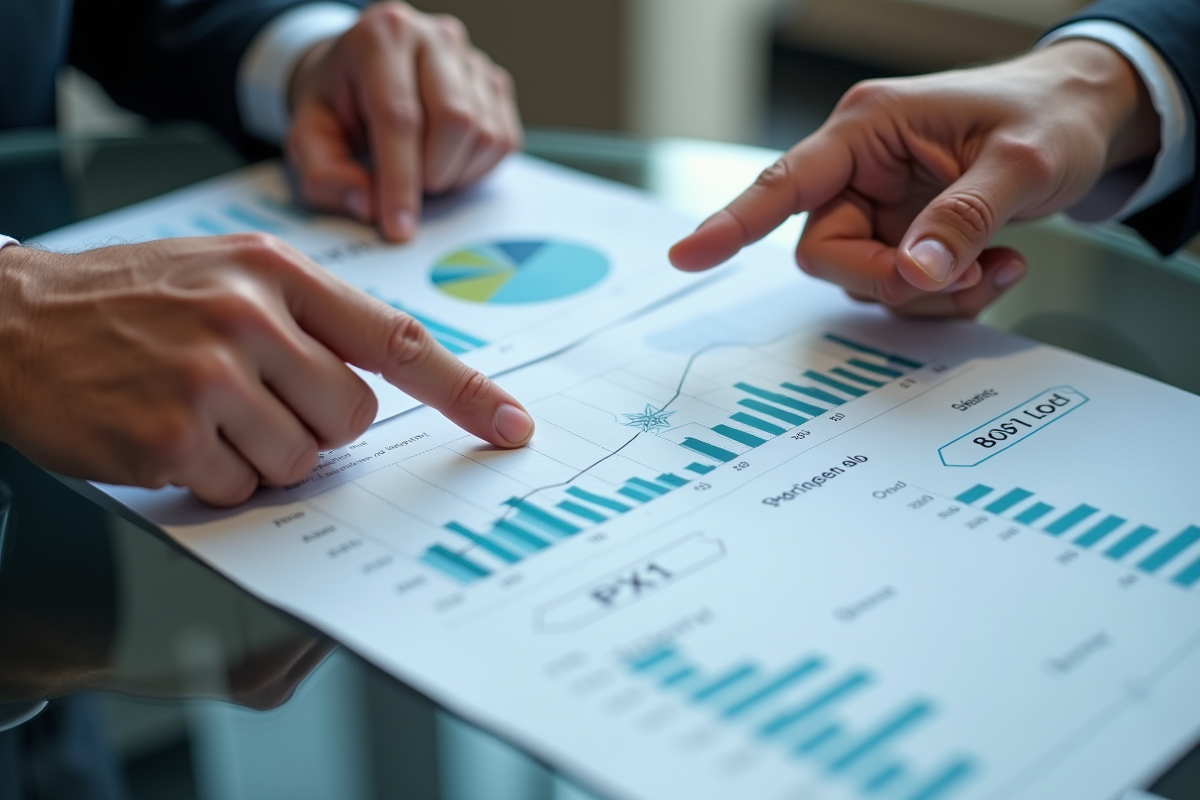 Deux professionnels analysant un graphique PX1 Indexeuro en réunion