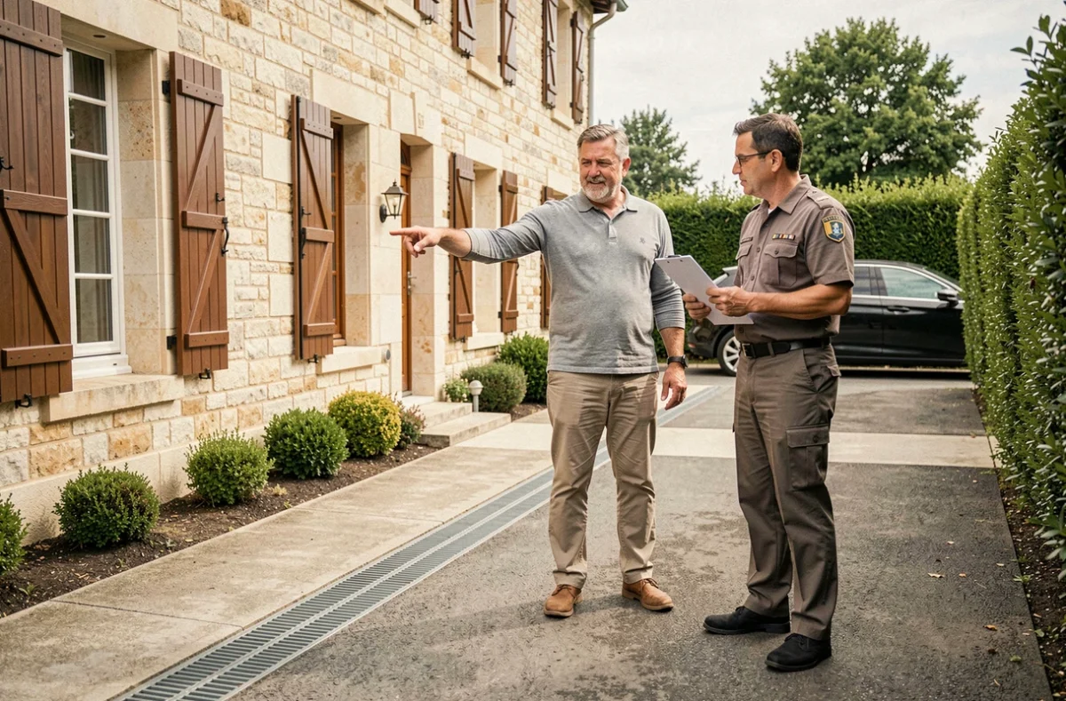 Propriétaire et technicien discutant de la séparation des eaux pluviales devant une maison en pierre