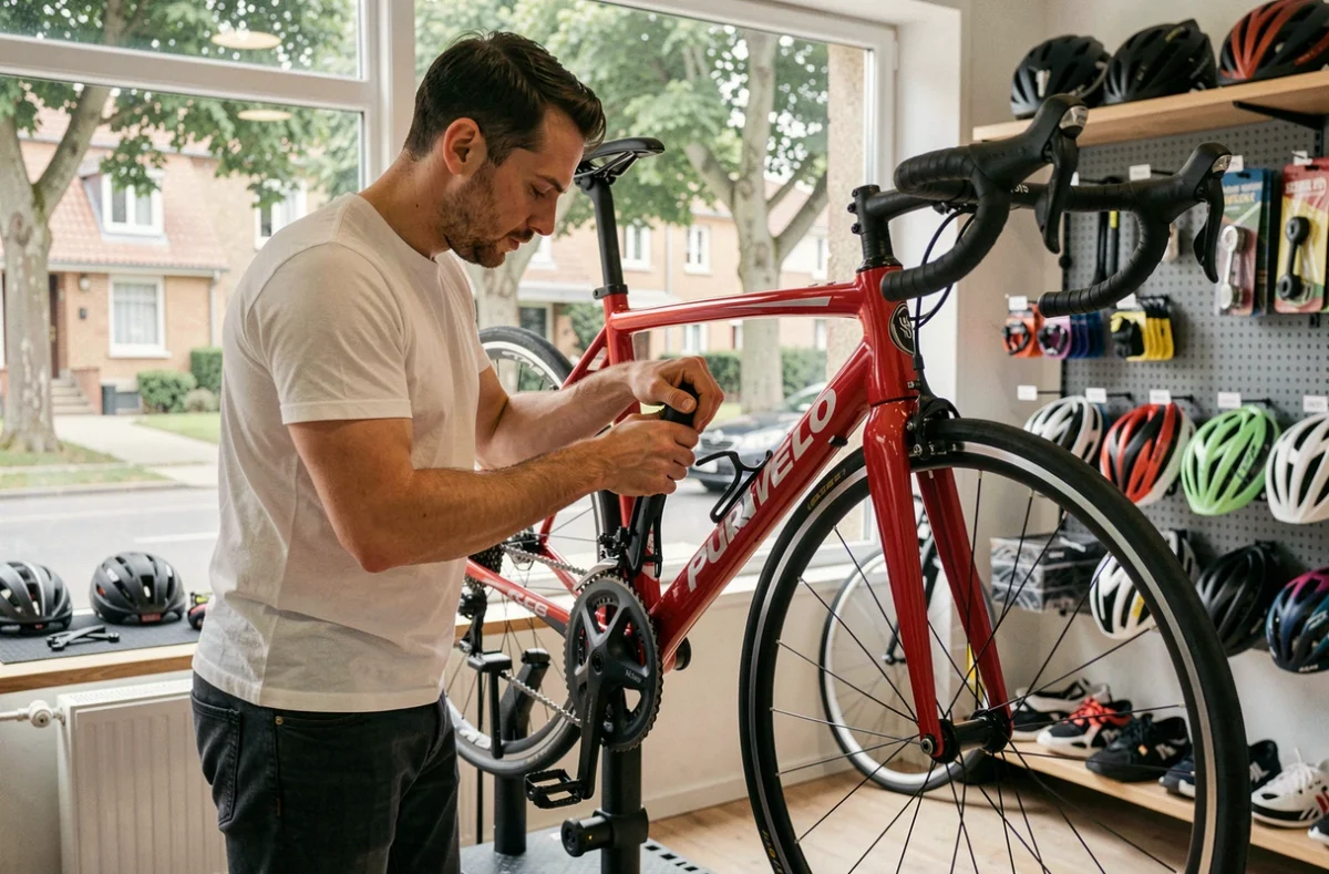 Mécanicien de Pur Vélo ajustant le dérailleur d'un vélo de route dans un atelier propre et lumineux
