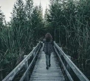 woman walking on wooden bridge between green grass during daytime