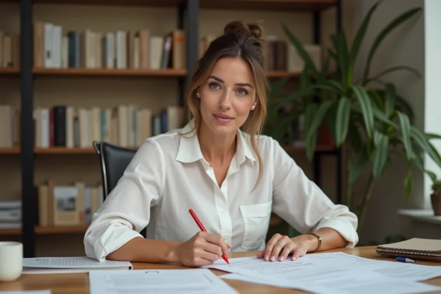 Femme concentrée qui reformule et corrige un libellé sur une feuille de papier avec un stylo rouge dans un bureau moderne
