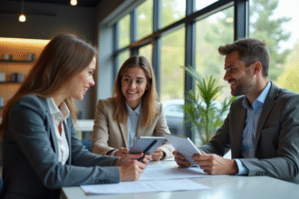 Jeune couple rencontrant un banquier moderne dans une banque lumineuse
