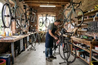 Atelier de réparation de vélos dans les Yvelines avec plusieurs bicyclettes en cours de maintenance