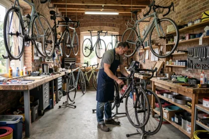 Atelier de réparation de vélos dans les Yvelines avec plusieurs bicyclettes en cours de maintenance