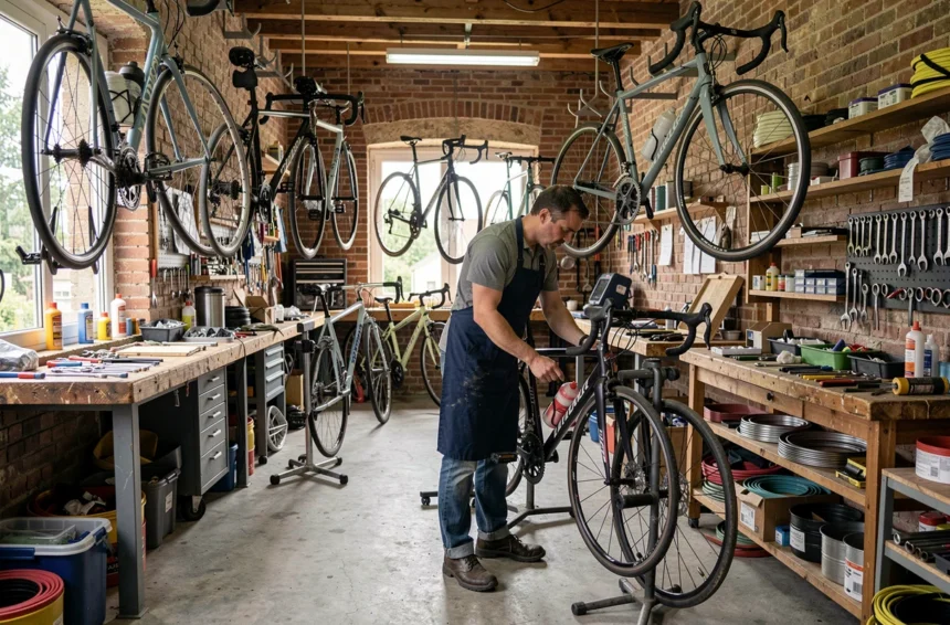 Atelier de réparation de vélos dans les Yvelines avec plusieurs bicyclettes en cours de maintenance
