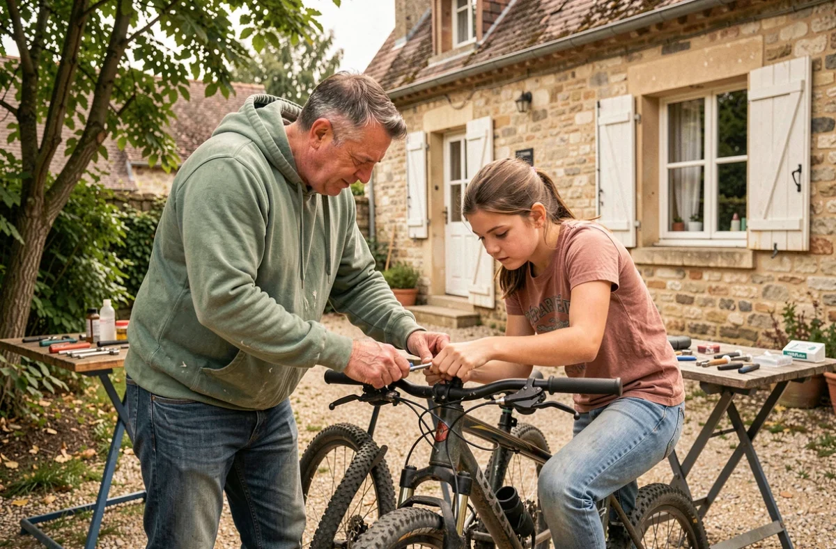 Bénévole de RéparVélo aux Essarts-le-Roi aidant une jeune cycliste à réparer une crevaison dans une cour villageoise