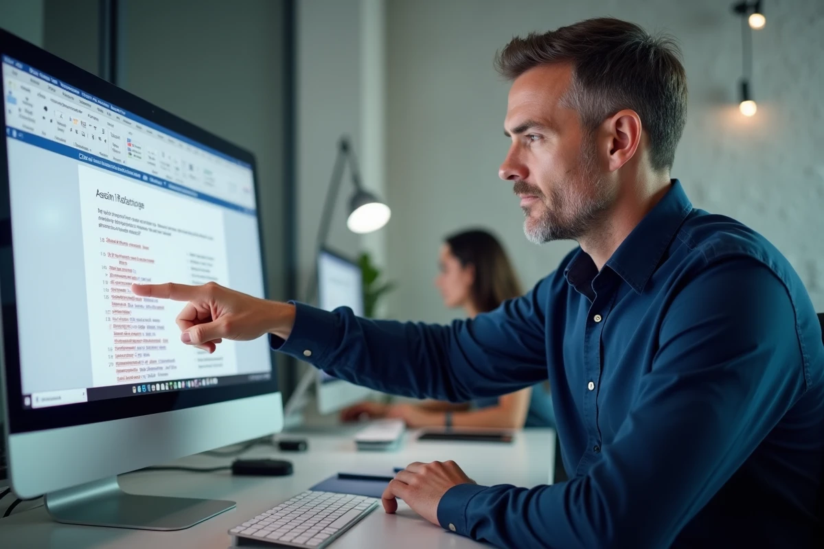 Homme adulte consultant des suggestions de correction grammaticale en français sur un écran d'ordinateur de bureau