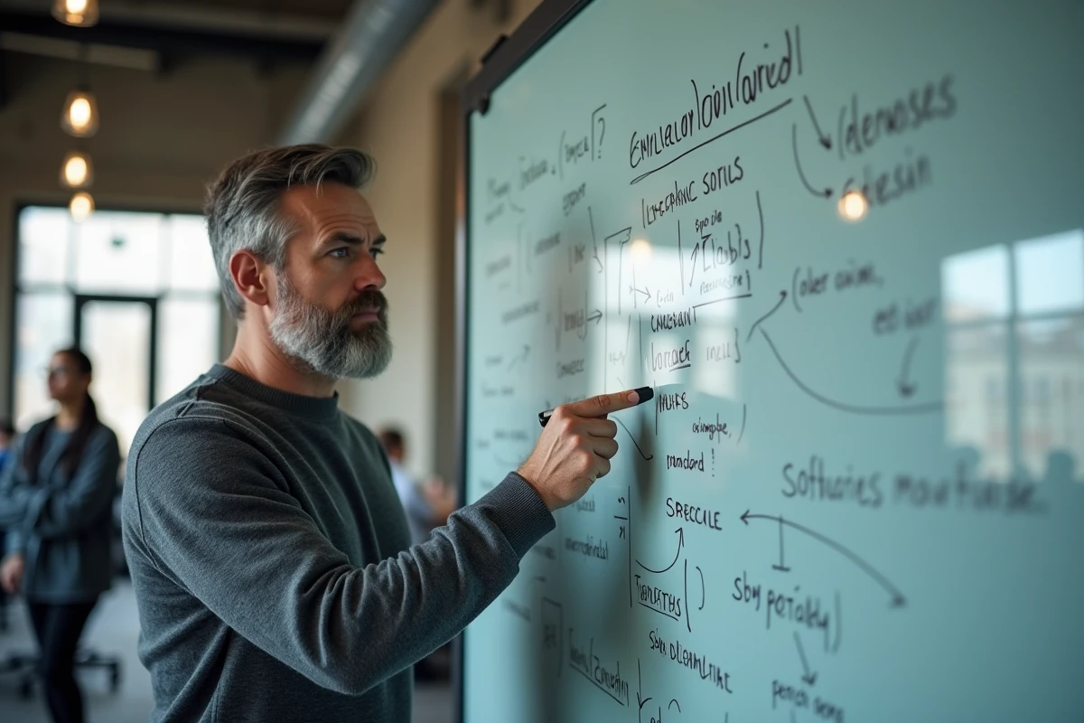Homme debout devant un tableau blanc annoté avec des révisions de texte dans un bureau collaboratif moderne