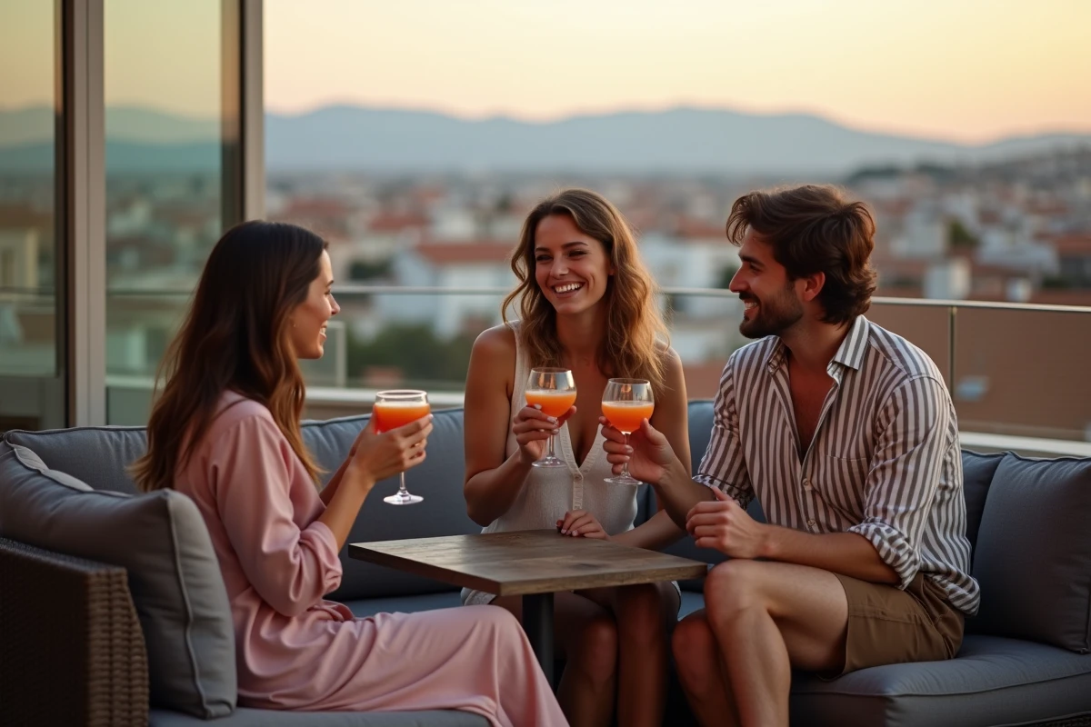 Amis profitant de cocktails sur un rooftop bar de Perpignan avec vue sur la ville et les Pyrénées en arrière-plan