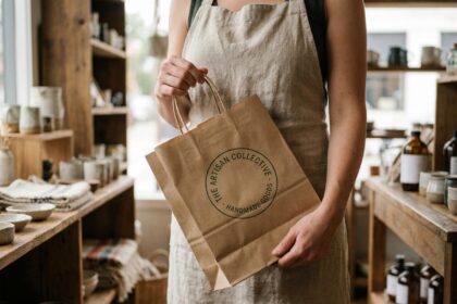 Sac en papier kraft personnalisé avec logo imprimé tenu par une vendeuse dans une boutique artisanale