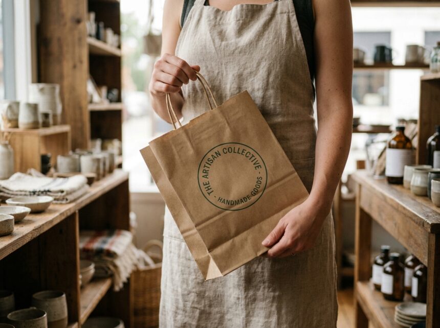 Sac en papier kraft personnalisé avec logo imprimé tenu par une vendeuse dans une boutique artisanale
