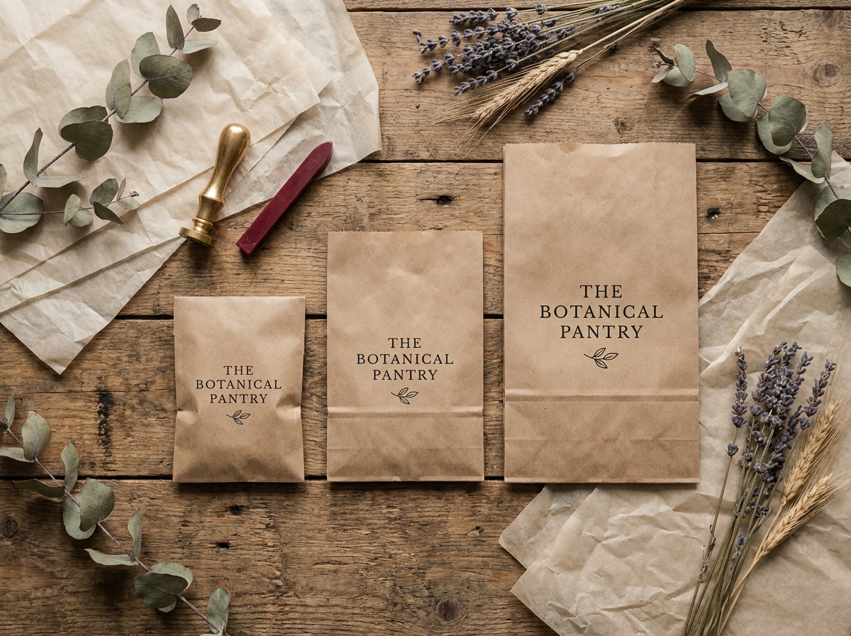 Vue de dessus de sacs kraft de différentes tailles avec impression typographique minimaliste pour une marque de boutique