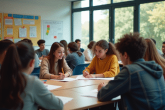 Salle de classe moderne avec élèves divers en groupe