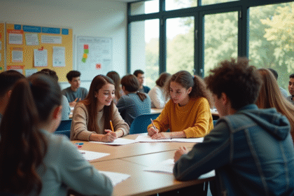 Salle de classe moderne avec élèves divers en groupe