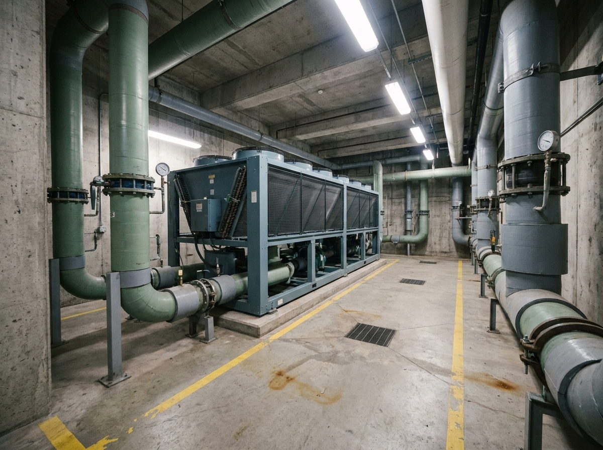 Salle des machines industrielle avec système de dry cooler en circuit fermé, tuyauteries glycol et instruments de mesure pour l'efficacité énergétique