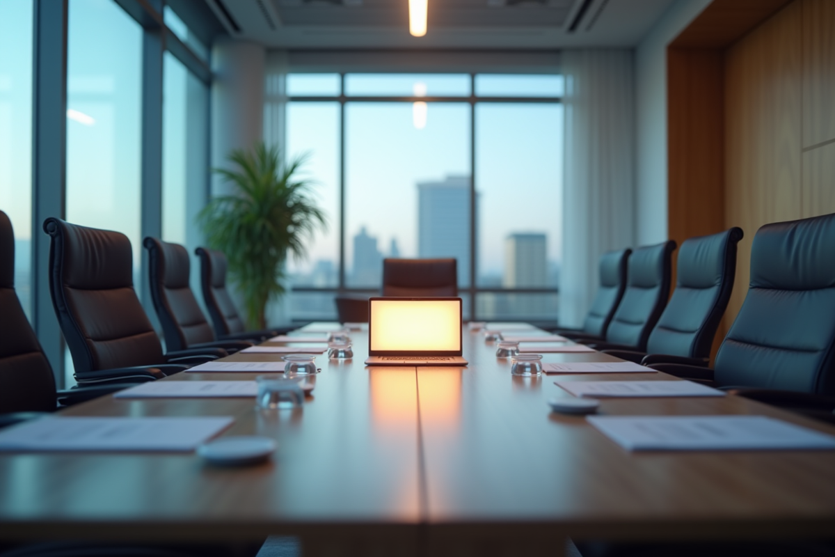 Salle de réunion vide avec documents et ordinateur lumineux