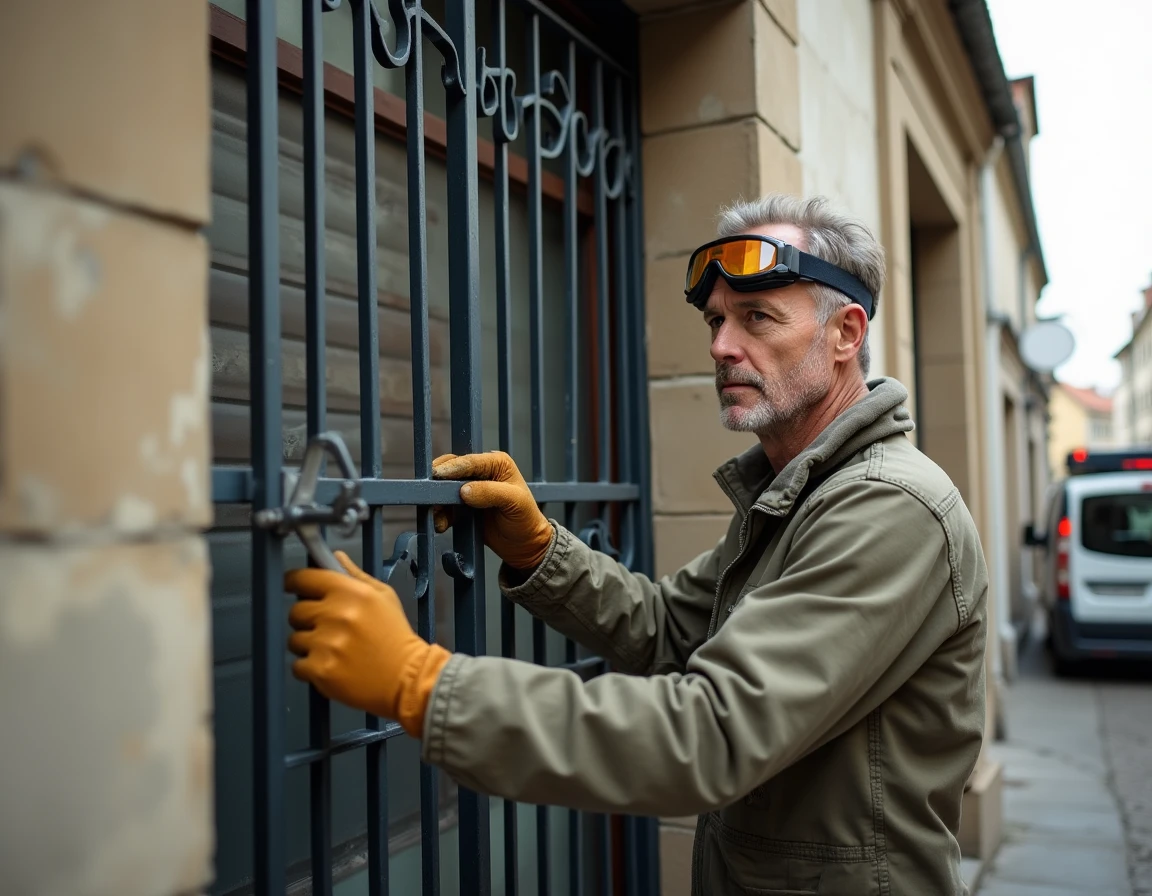 Artisan de Sarl Tardy posant une grille de sécurité en fer forgé sur une façade commerciale charentaise