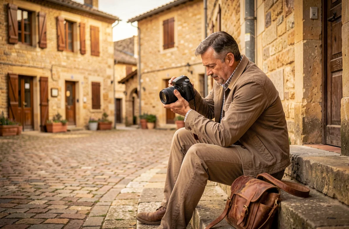 Photographe Sébastien Brittner consultant ses images sur l'escalier d'une place de village en pierre dorée du Périgord