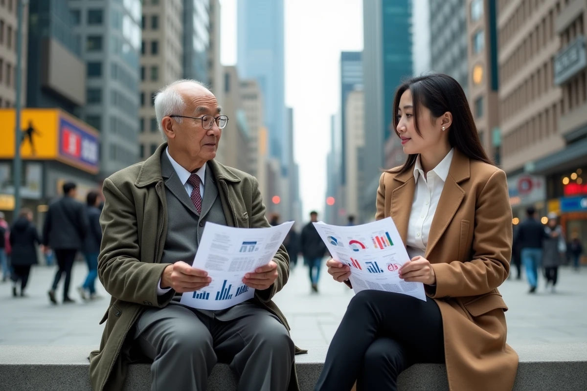 Femme âgée en tenue traditionnelle discutant avec une jeune femme en ville