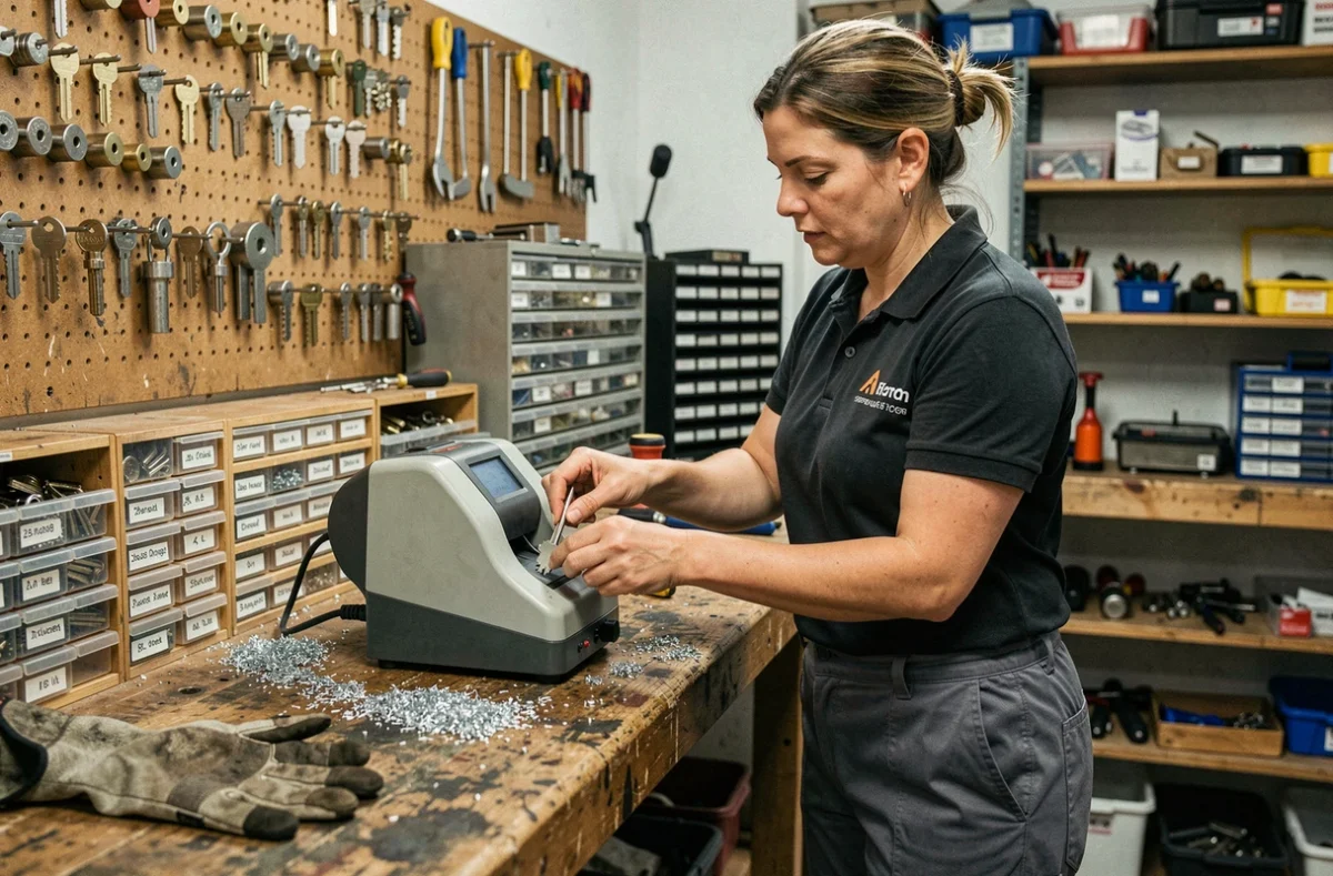 Serrurier en atelier dupliquant une clé sur une machine professionnelle en Moselle