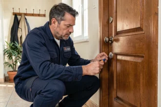 Serrurier professionnel intervenant sur une porte d'entrée en bois dans une maison en Moselle