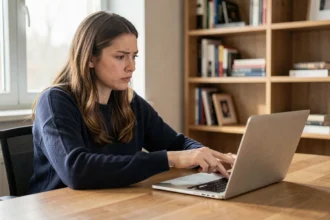 Jeune femme signalant un contenu discriminant sur son ordinateur portable depuis son bureau à domicile
