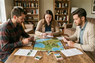 Trois joueurs adultes autour d'une table jouant à un jeu de gestion agricole multijoueur de type Simagri, avec cartes et plateau de jeu représentant des coopératives agricoles françaises