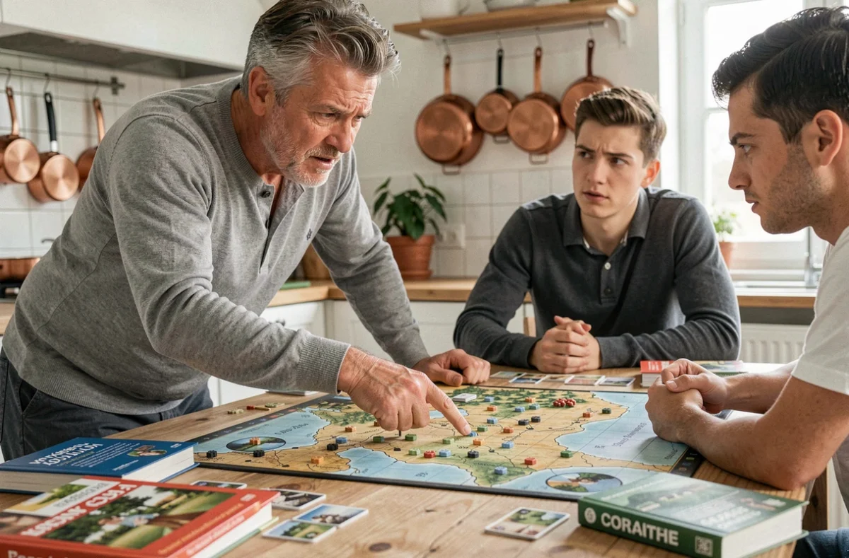 Joueur adulte indiquant une zone stratégique sur un plateau de jeu de gestion agricole multijoueur, représentant les échanges et rivalités entre coopératives dans Simagri France 3