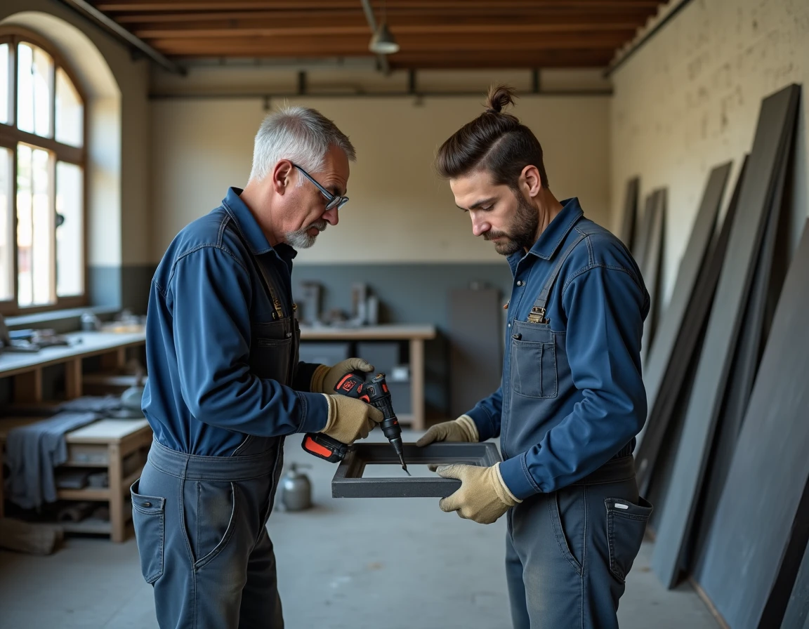 Artisans de la Sarl Société de Métallerie Artisanale Charentaise assemblant un cadre de porte en acier dans leur atelier