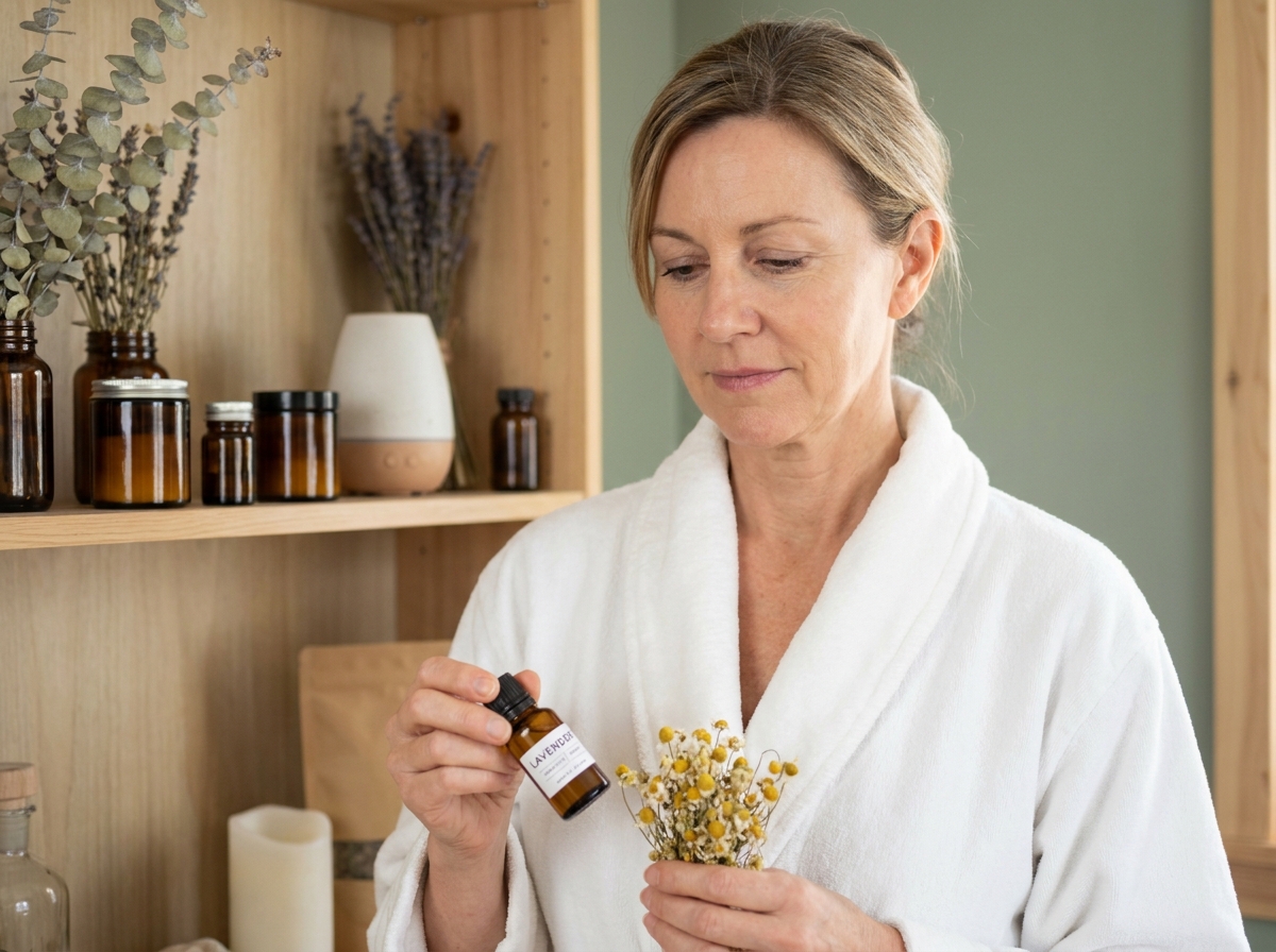 Femme tenant des fleurs de camomille et une huile essentielle dans un espace bien-être naturel, solutions naturelles contre la fatigue