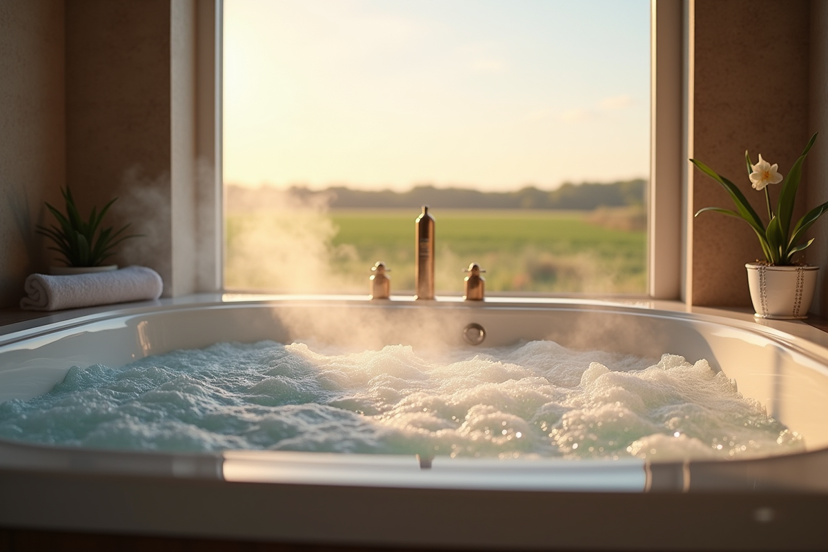 Bain à remous dans une salle de spa avec vue sur la Normandie