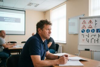 Participant concentré lors d'un stage de sensibilisation à la sécurité routière en salle de formation