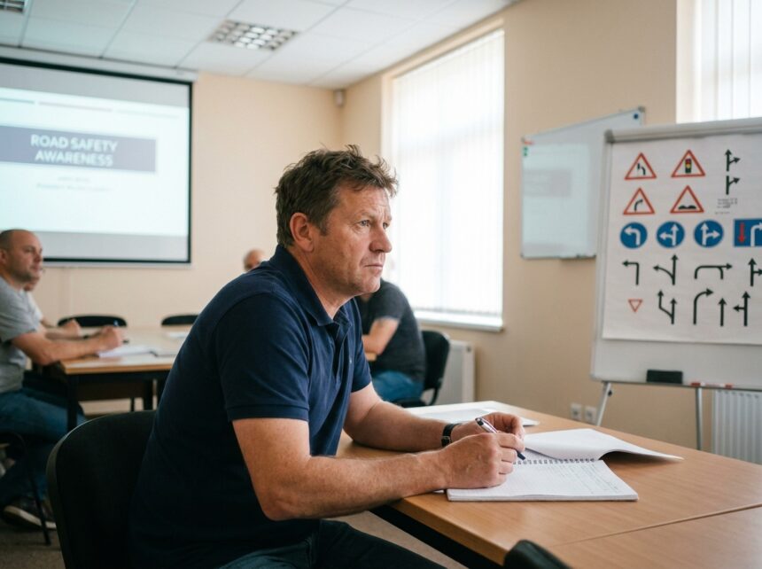 Participant concentré lors d'un stage de sensibilisation à la sécurité routière en salle de formation