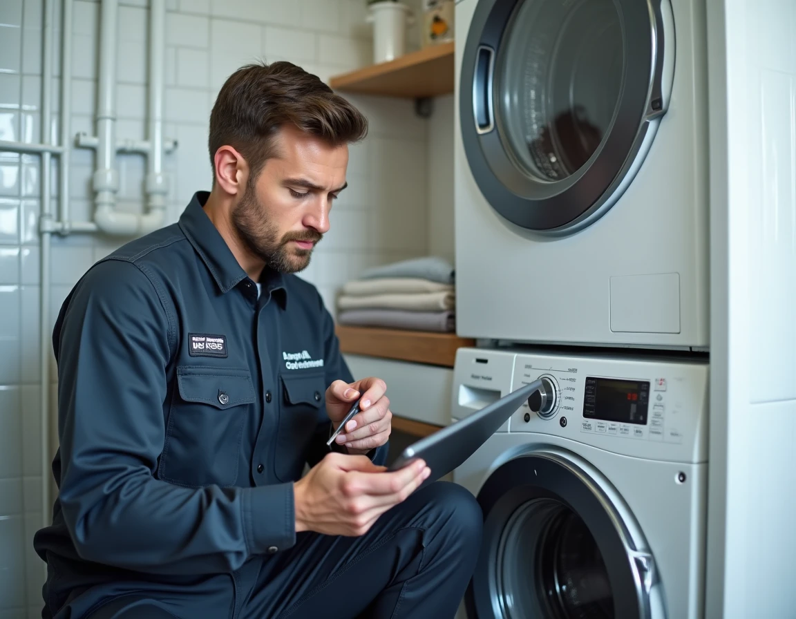 Technicien de S-t-e-m Station Technique Electro Ménager réparant un lave-linge dans un appartement français