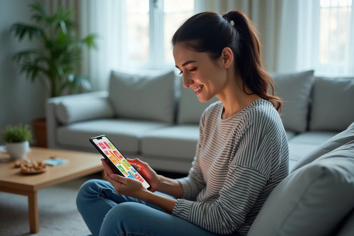 Femme découvrant des stratégies cachées sur une tablette pour avancer plus vite dans Monopoly GO