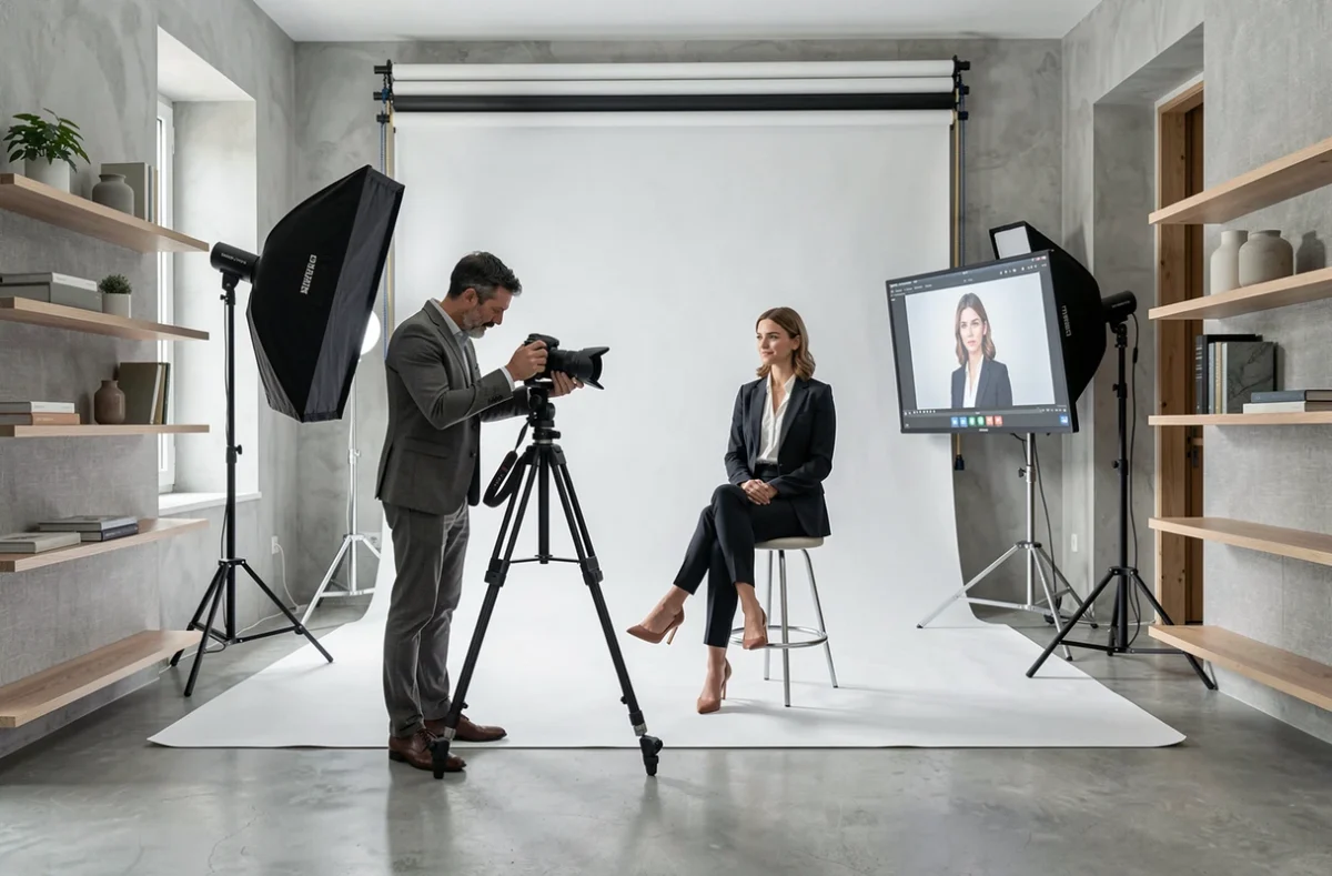 Intérieur d'un studio photo professionnel moderne avec photographe et modèle lors d'une séance portrait en Dordogne