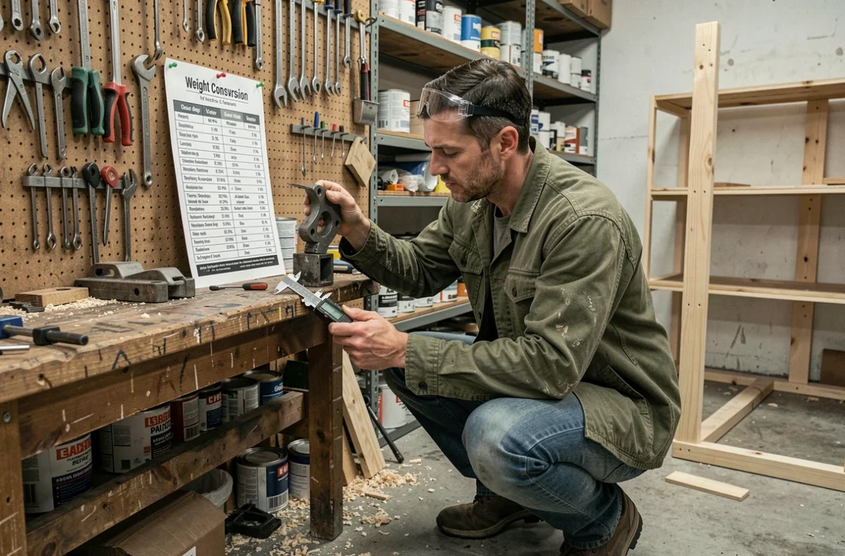 Bricoleur en atelier consultant un tableau de conversion de poids en kilogrammes affiché sur un panneau d'outils